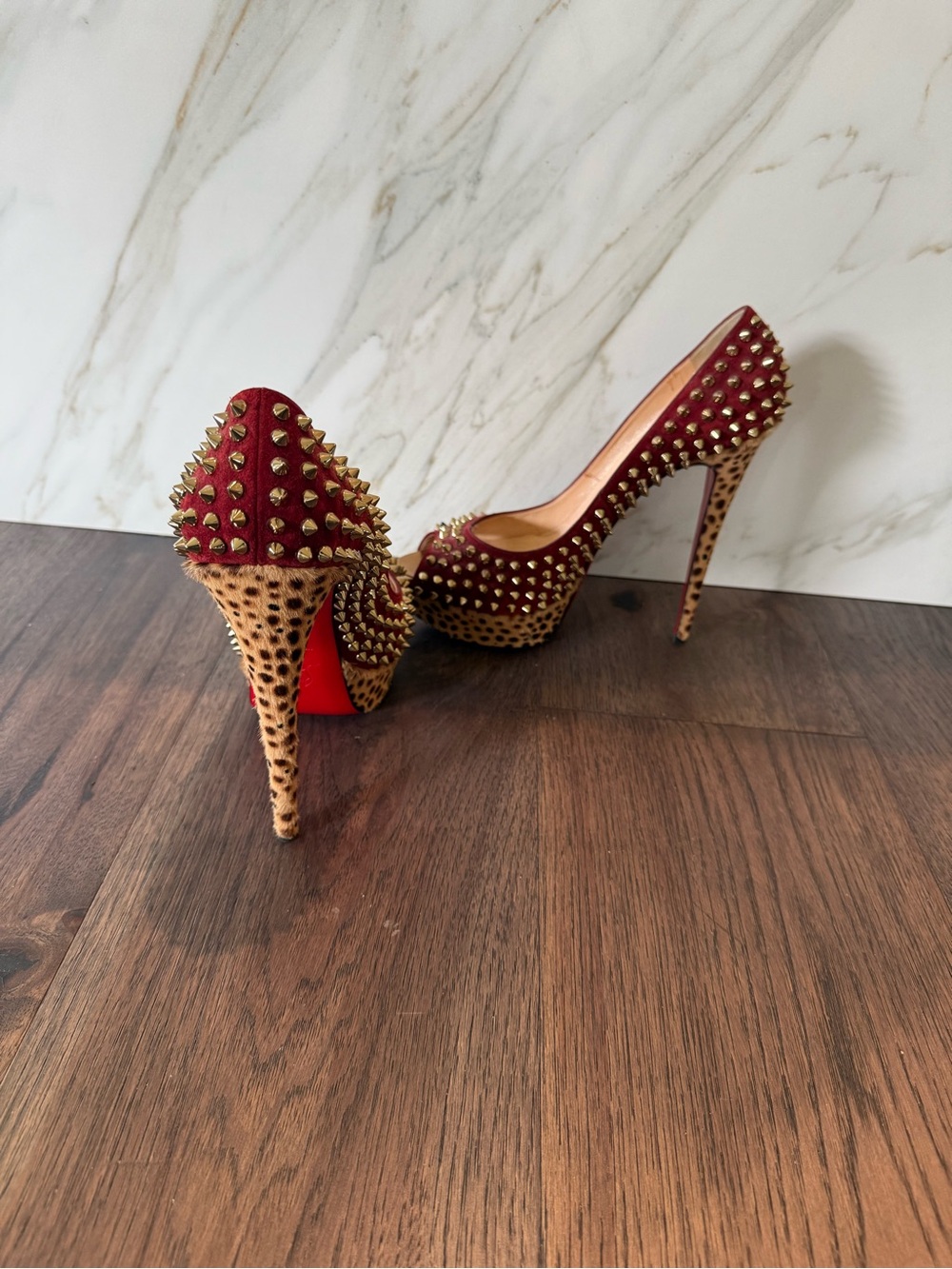Christian Louboutin Red Studded Leopard-Trim High Heel Pumps - Picture 3 of 7